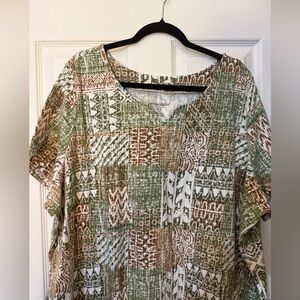 Woman Within Green, Brown & Cream Patchwork Tunic Blouse Cotton Blend 3X (30/32)